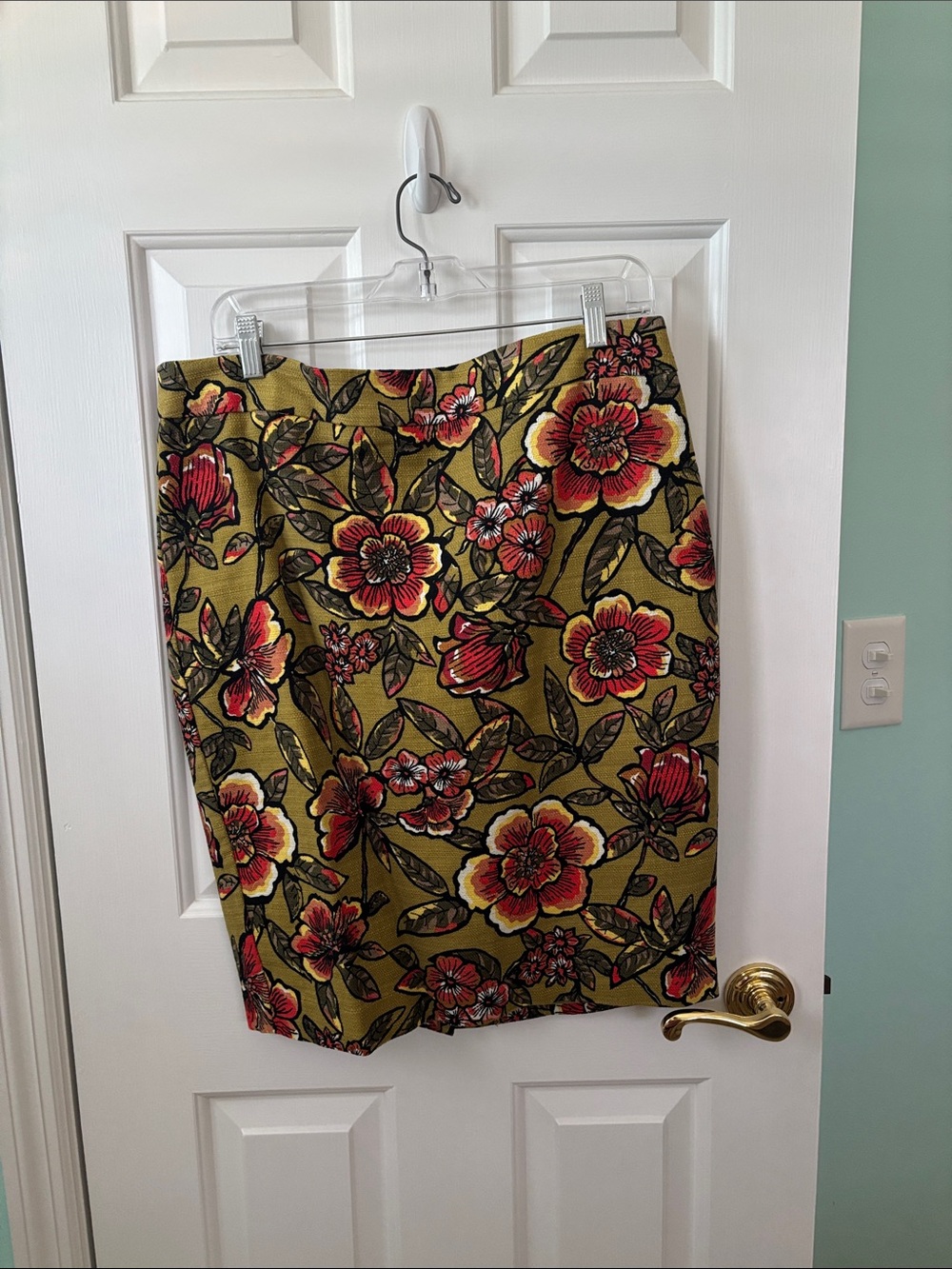 Floral Pencil Skirt in Olive with Red my Blooms